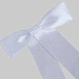 Close up of the Zoe petite satin hair bow  in white